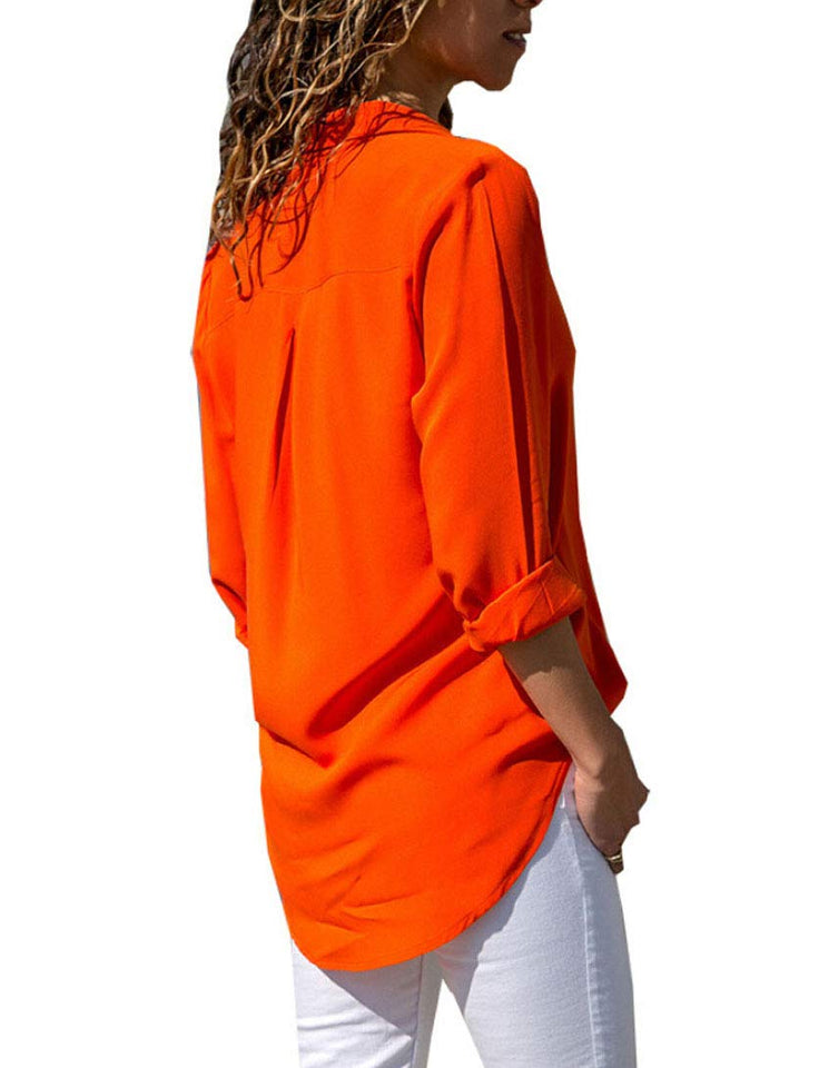 sandanper - Blusa de chifón con Botones y Cuello en V de Manga Larga para Mujer