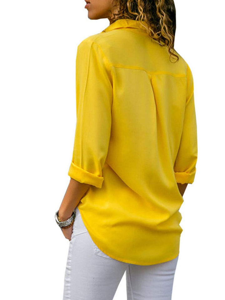 sandanper - Blusa de chifón con Botones y Cuello en V de Manga Larga para Mujer