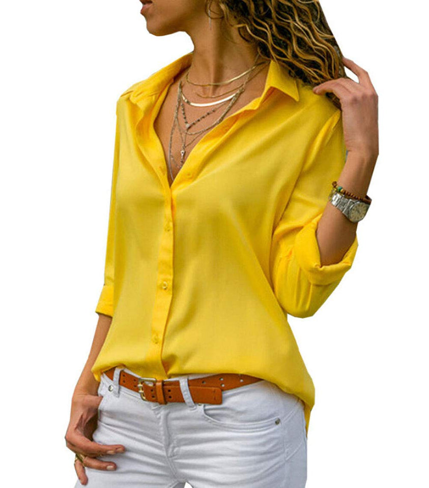 sandanper - Blusa de chifón con Botones y Cuello en V de Manga Larga para Mujer