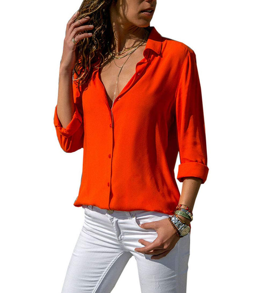 sandanper - Blusa de chifón con Botones y Cuello en V de Manga Larga para Mujer