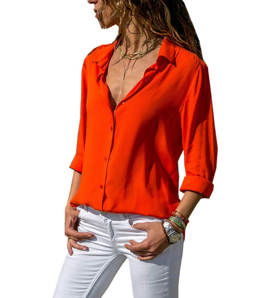 sandanper - Blusa de chifón con Botones y Cuello en V de Manga Larga para Mujer