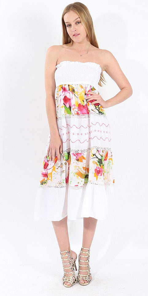 Village Venture Falda/Vestido Estampado Floral con Encaje Fresca y Casual 100% Algodón (Unitalla, Naranja) Mod 150