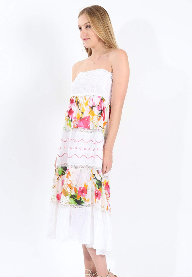 Village Venture Falda/Vestido Estampado Floral con Encaje Fresca y Casual 100% Algodón (Unitalla, Naranja) Mod 150
