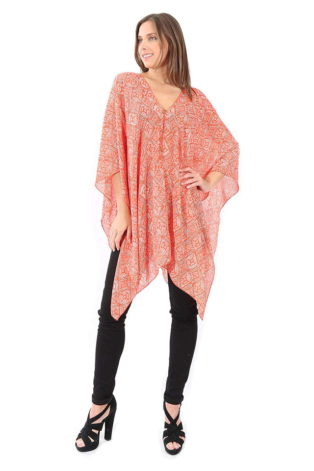Village Venture Poncho Estampado de Tela Semi Translucida con Botones Unitalla-Mod 2780