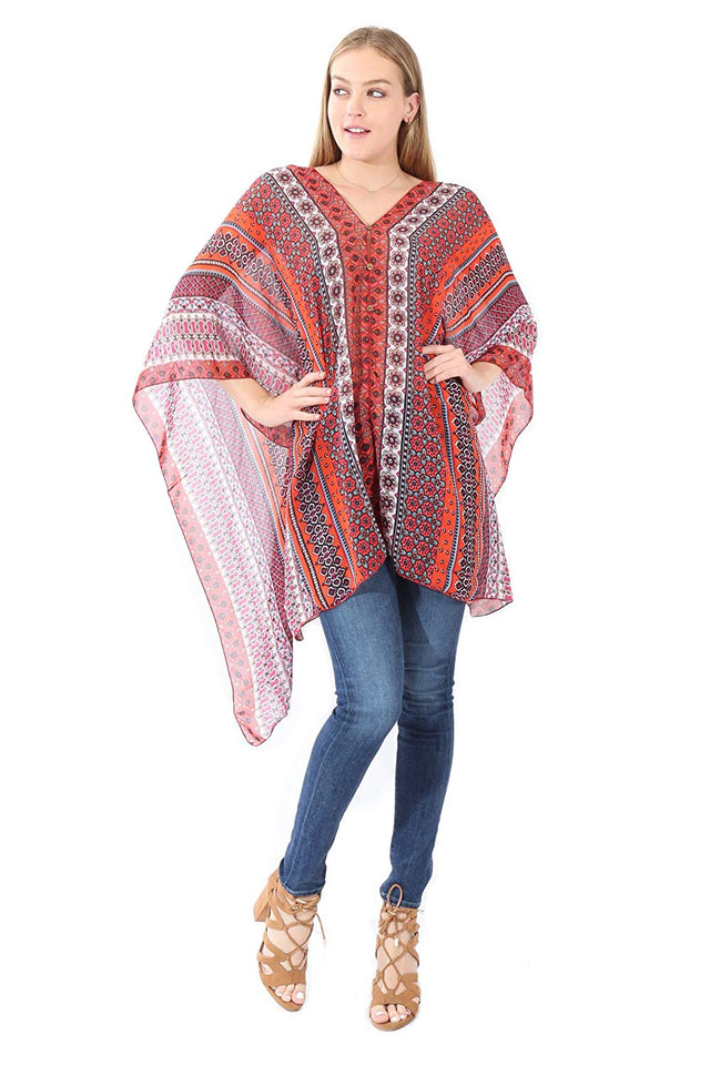 Village Venture Poncho Estampado de Tela Semi Translucida con Botones Unitalla-Mod 2780