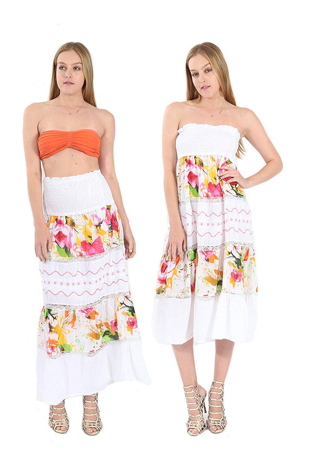 Village Venture Falda/Vestido Estampado Floral con Encaje Fresca y Casual 100% Algodón (Unitalla, Naranja) Mod 150