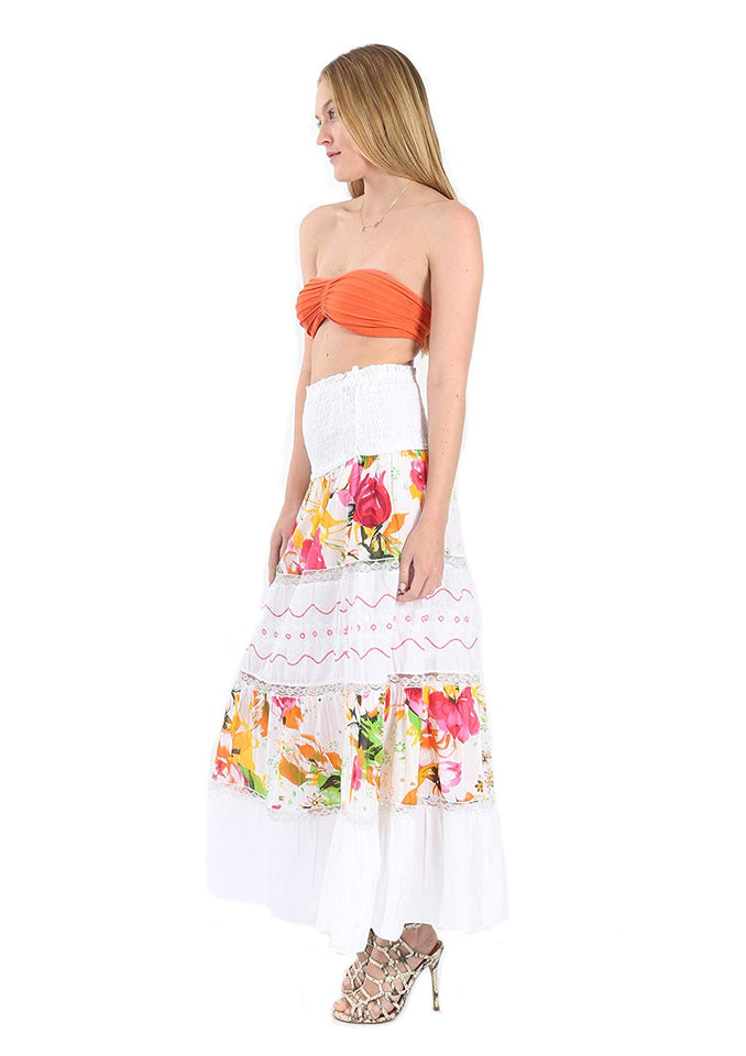Village Venture Falda/Vestido Estampado Floral con Encaje Fresca y Casual 100% Algodón (Unitalla, Naranja) Mod 150